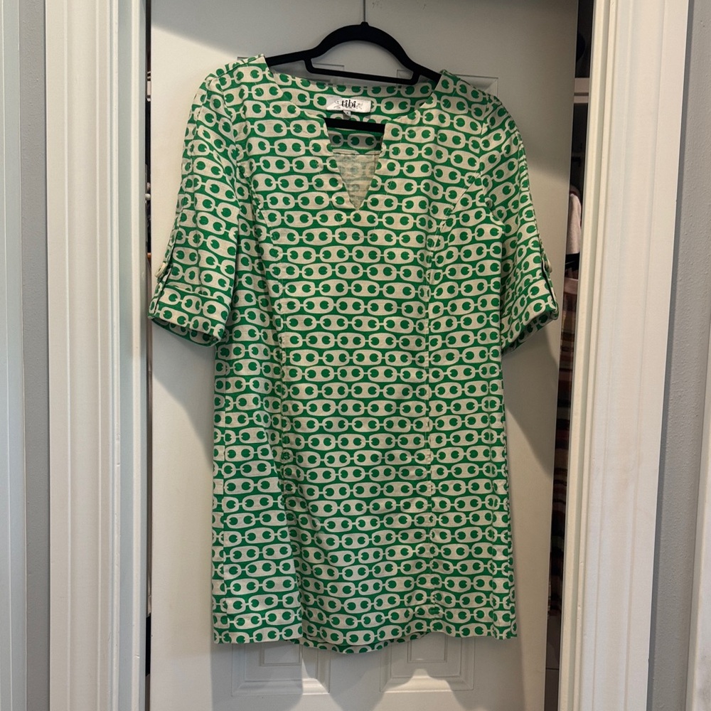 Vintage Tibi White and Green Geometric Notch-Neck Mini Dress
